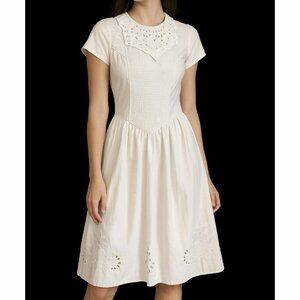 Vtg Embroidered Prairie Cottagecore Edwardian Dress Size 10 White Fit & Flare